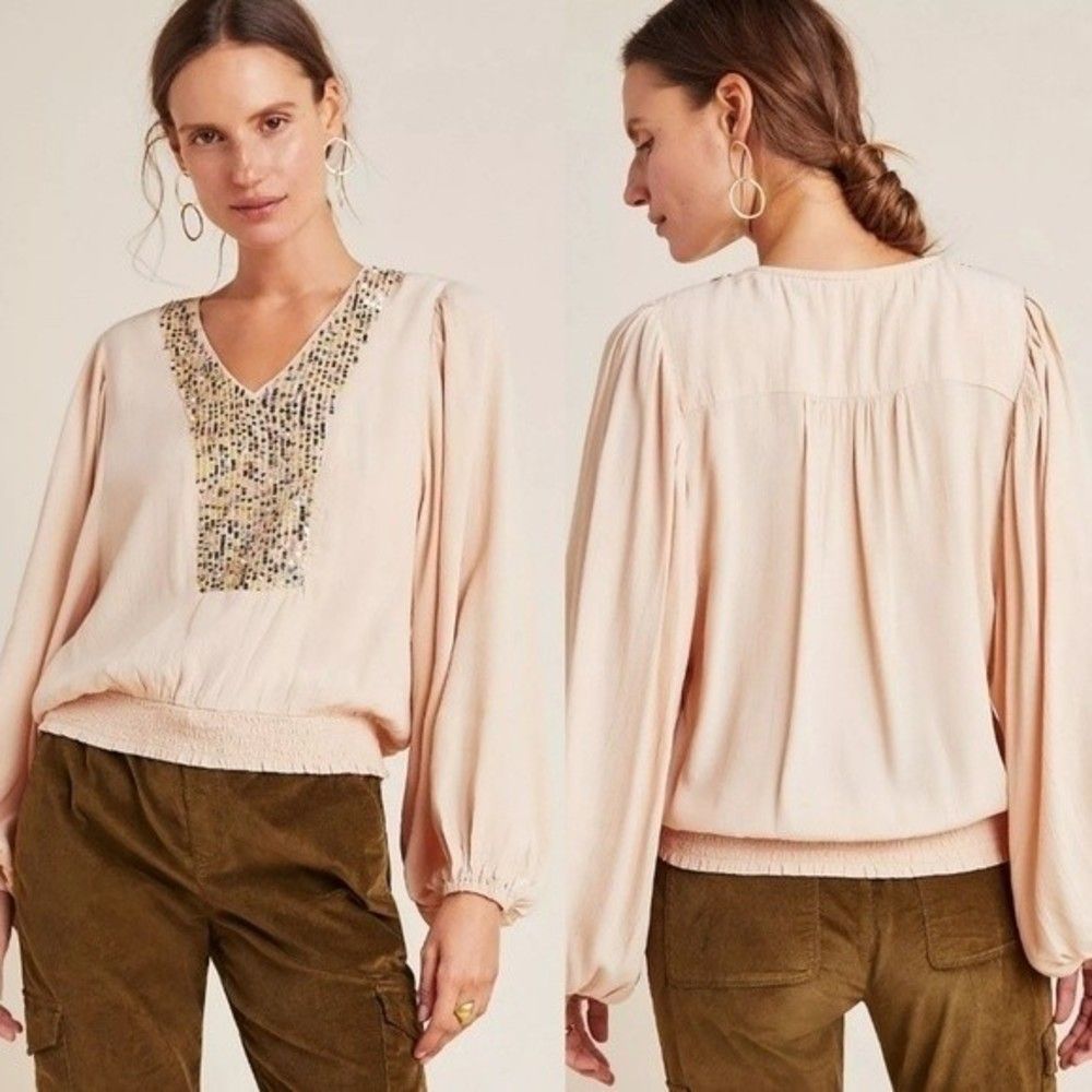 Anthropologie Kristie Sequined Peasant Blouse Rose